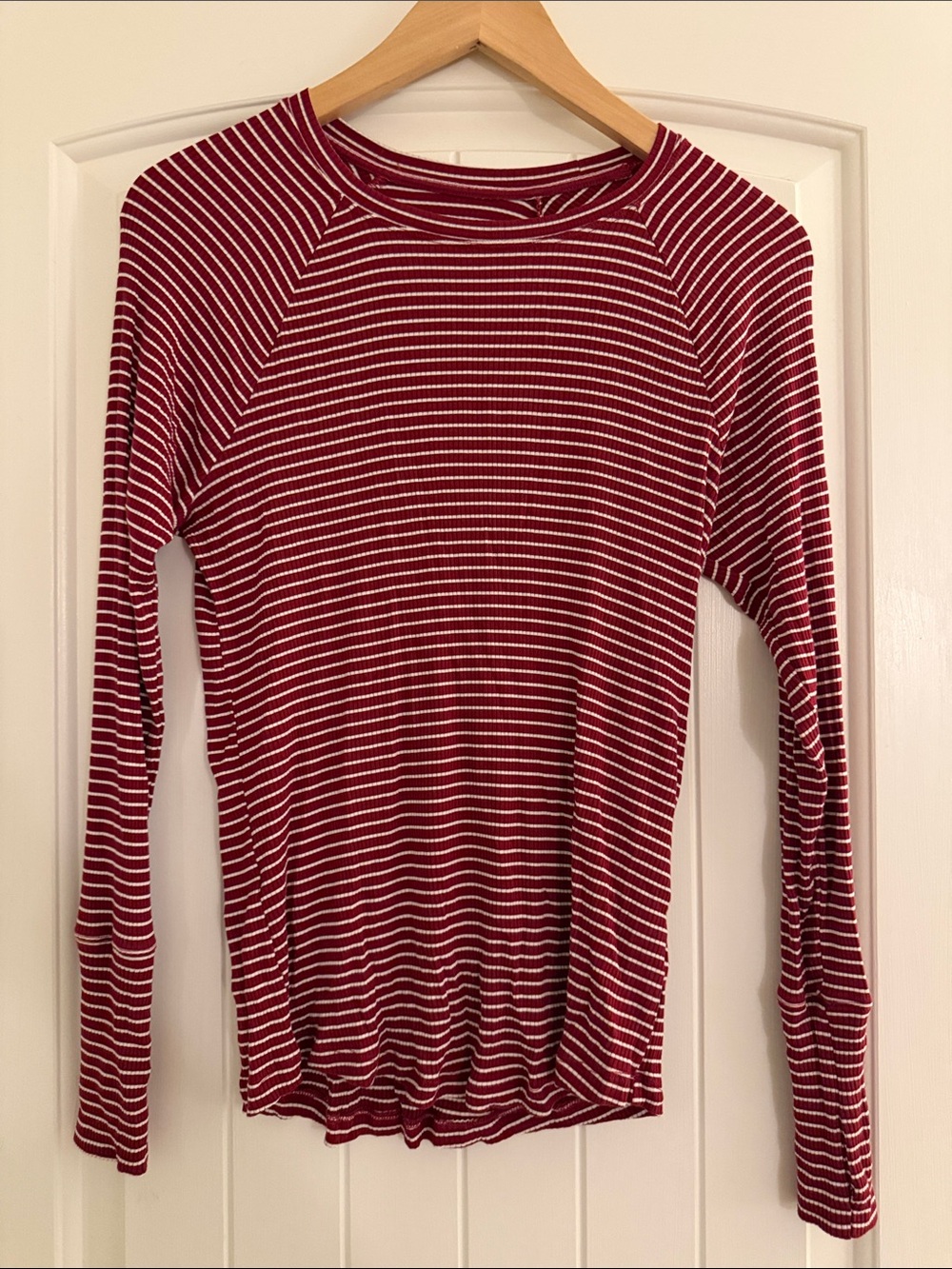 aerie Red and White Striped Long-Sleeve Crewneck Top